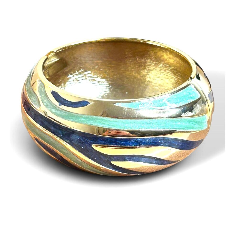 Chunky Blue Enamel Clamper Bangle Bracelet Gold Tone Abstract Wave Statement